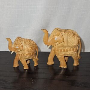 2 Carved Miniature Wooden Elephant Statue Fine Detailed Figurine w/ Tusks & Eyes